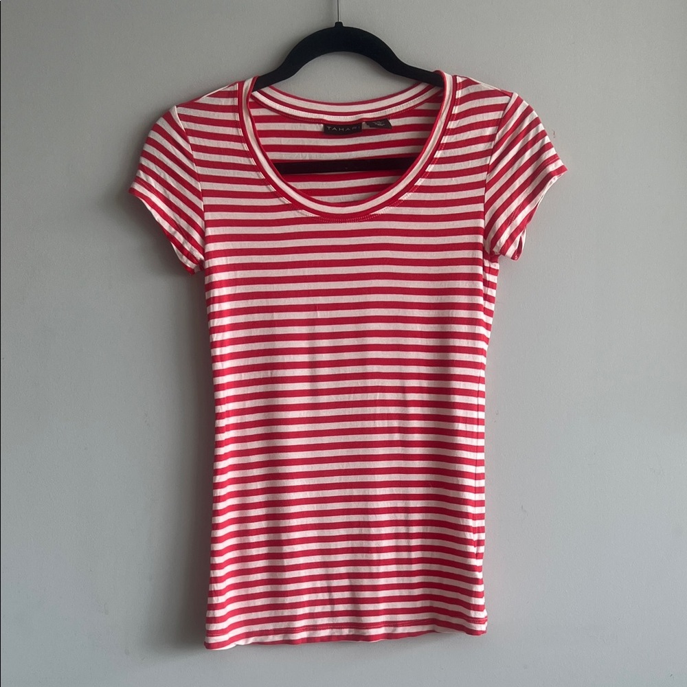 Tahari Red and White Striped Short Sleeve Tee